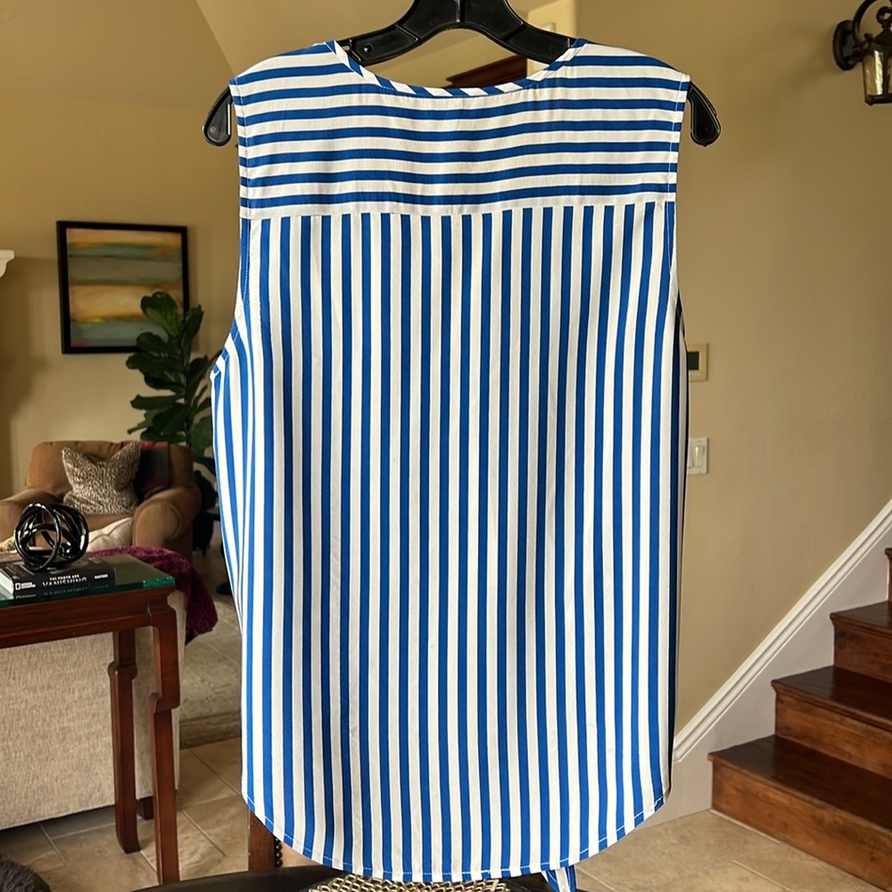 Joie Tyson Tank 100% Silk Front Tie High Seas Blue & Porcelain White Stripe M - Picture 5 of 5
